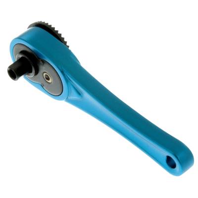 A blue, hand-operated ratchet spanner suitable for working in confined or hard-to-reach areas.