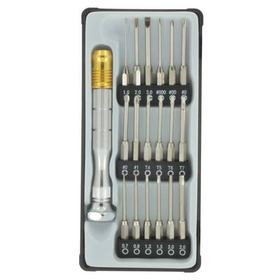 Precision screwdriver set with various interchangeable bits in a case. Includes slotted, Phillips, and Torx bits.
