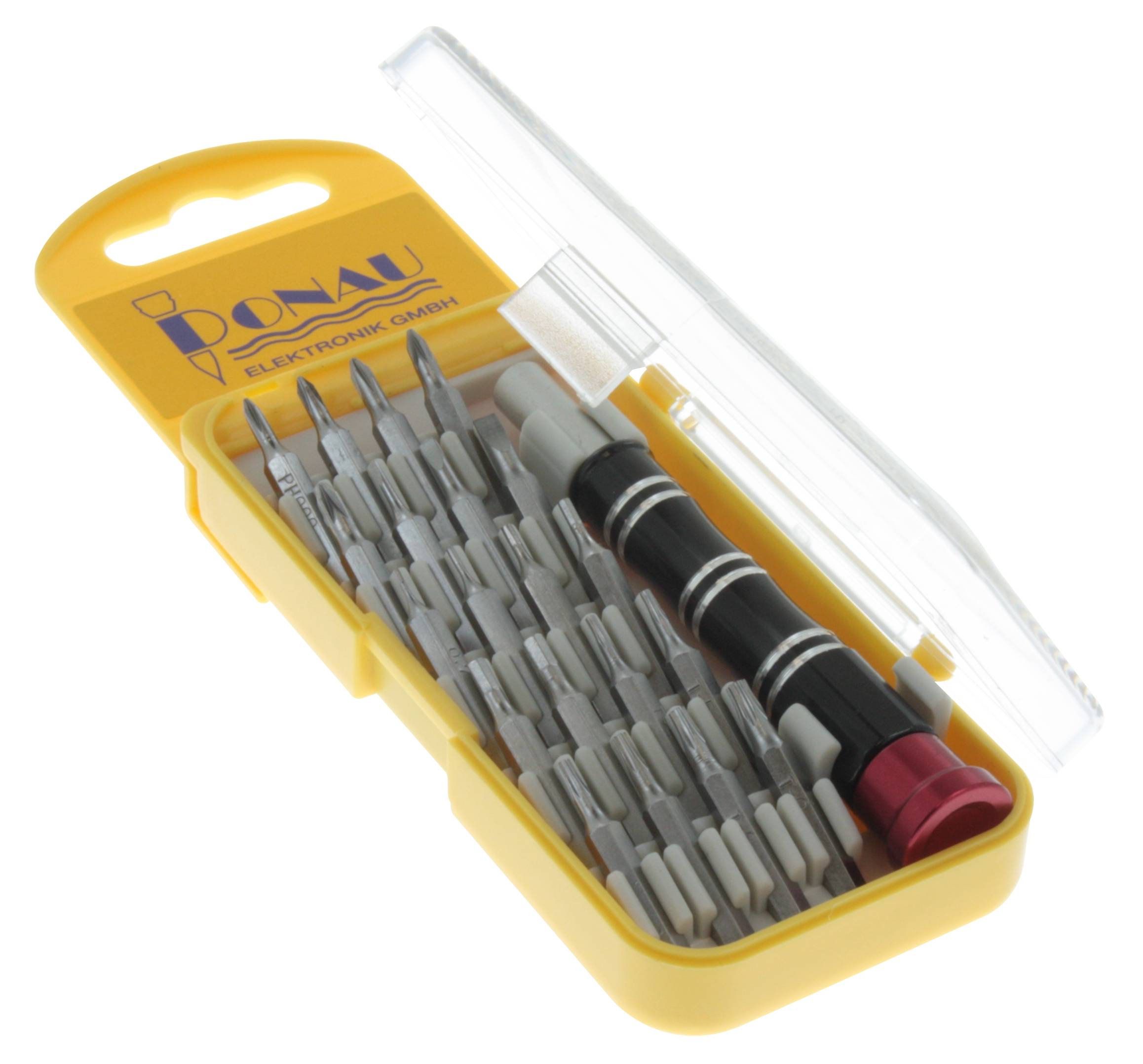 A yellow case containing a set of screwdriver bits and a black screwdriver handle, suitable for delicate repair work.