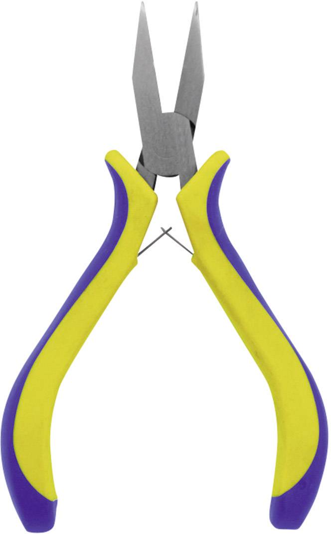 Flat-nosed pliers with a yellow and blue handle, tapering to a point. Suitable for precise work in craft or hobby settings.