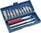 A set of craft knives with interchangeable blades in various shapes, housed in a blue case.