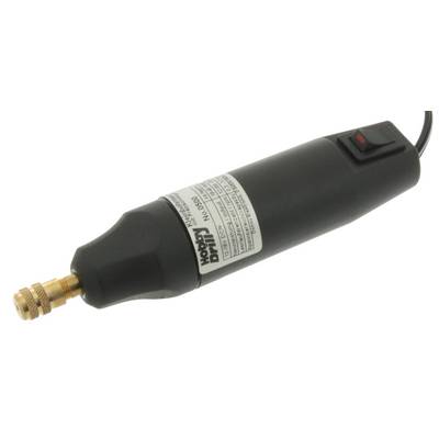 A black electric mini grinder with a golden grinding head and switch. Technical data label affixed to it.