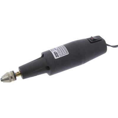Electric drill in black with a chuck at the tip and an on/off switch on the top surface.