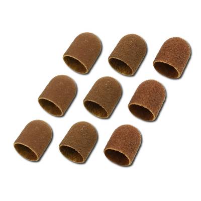 Nine brown sanding caps, evenly arranged, against a white background. Suitable for grinding work in crafts and industry.