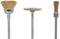 Three wire brush attachments on a white background: on the left a cup brush head, in the middle a disc brush, on the right a pointed brush head.