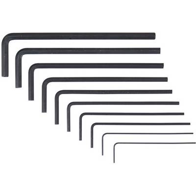A set of ten Allen keys of varying sizes, arranged in a row from largest to smallest.
