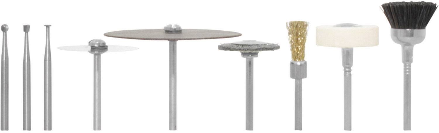 Dremel accessory set with various attachments, including cutting bits, grinding discs, and brushes, for working with different materials.