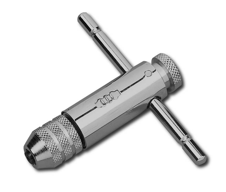 A silver metal tap holder with an adjustable chuck and T-handle for manually gripping and turning taps.