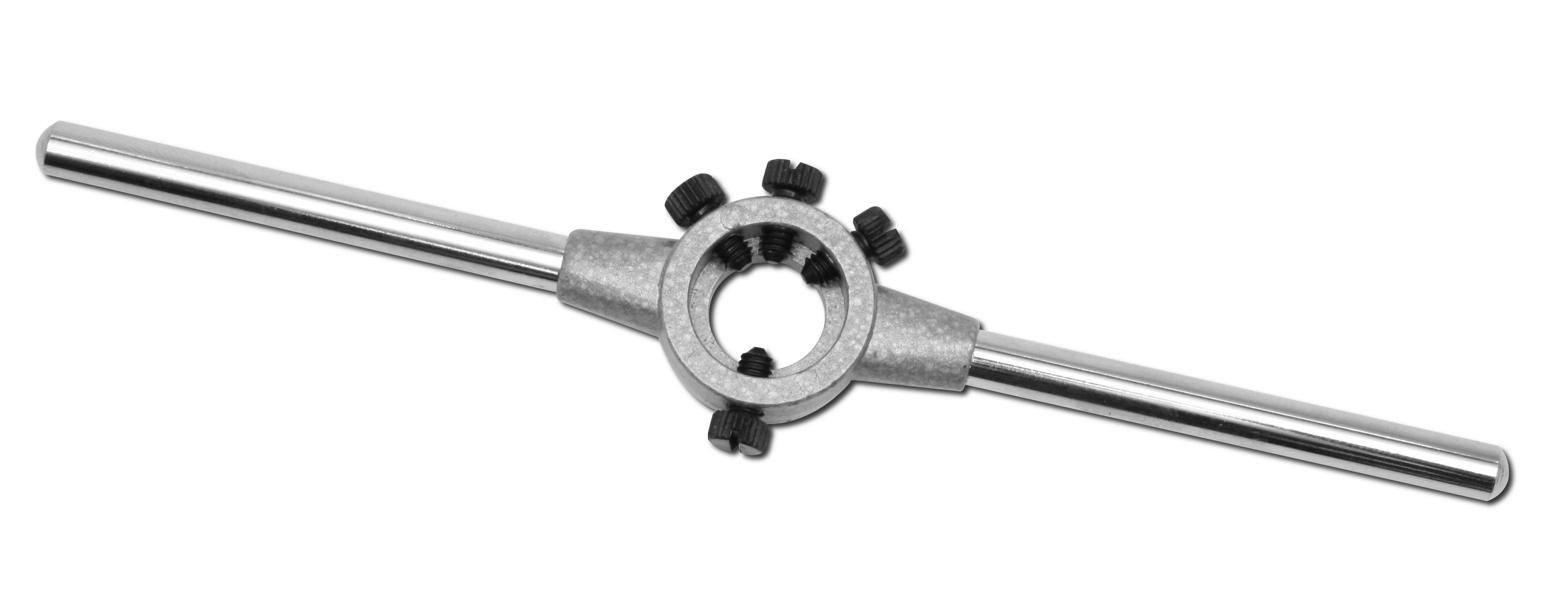 A winch iron with two handles and screw holders, designed to securely fix various thread-cutting tools for metalworking.