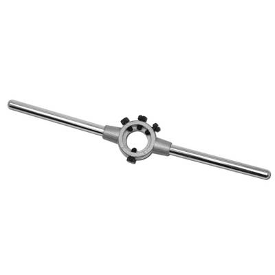 A metal tap wrench with two handles, for manually cutting threads on bolts and rods.