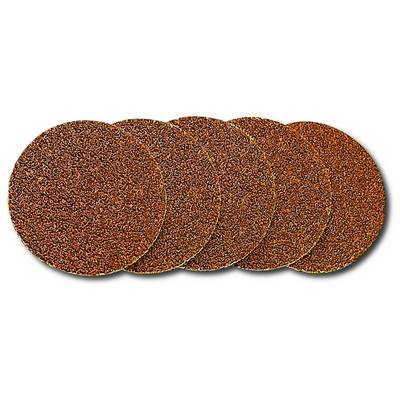 Five round grinding discs in a row, manufactured from coarse abrasive material, on a white background.
