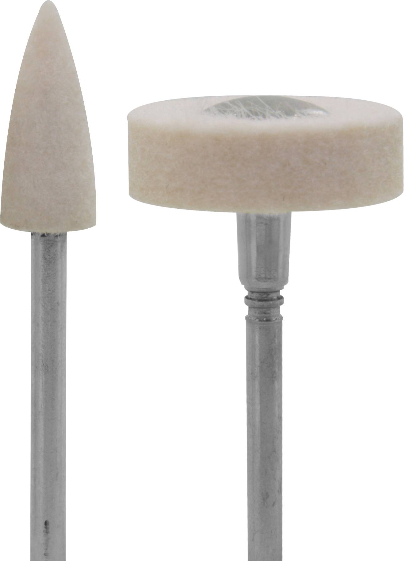 Two diamond grinding attachments on metal pins: one pointed on the left, the other flat and round on the right; used for precise grinding and polishing.