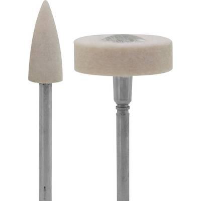Two diamond grinding attachments on metal pins: one pointed on the left, the other flat and round on the right; used for precise grinding and polishing.