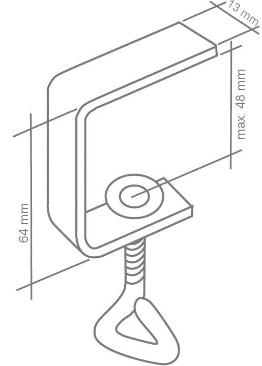 Illustration of a G-clamp with dimensions: 64 mm high, 13 mm wide, maximum opening width 48 mm.