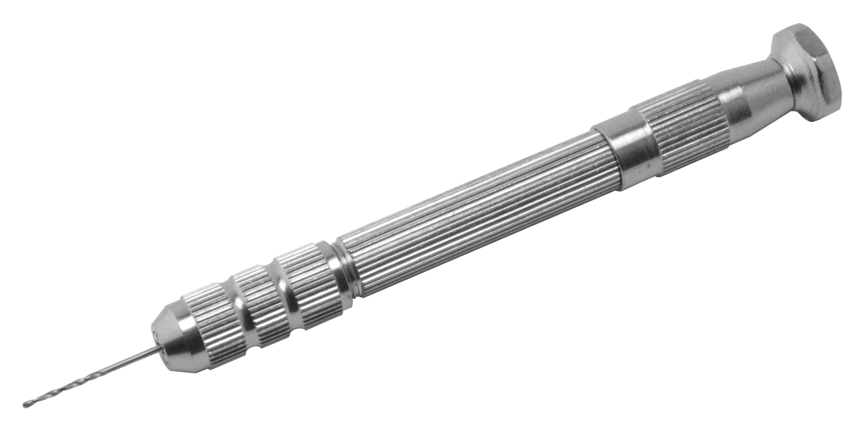 A silver precision hand drill with a fine drill bit at the tip, suitable for detailed handcrafts and DIY projects.