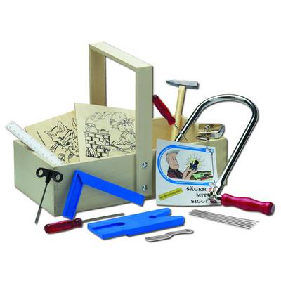 A wooden toolbox with tools: hammer, saw, screwdriver and ruler. Template with cat motif included.