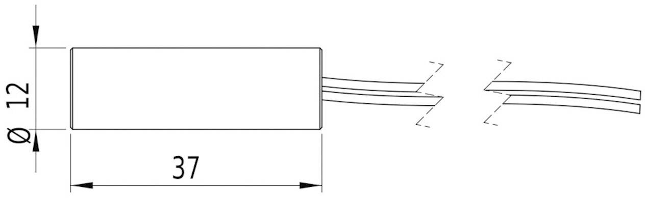 Technical drawing of a cylindrical component with a diameter of 12 mm and a length of 37 mm. Two cables protrude.
