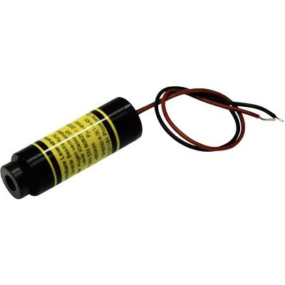 A cylindrical laser module with a yellow warning label and two protruding wires, for use in electronic applications.