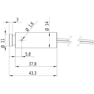 Technical drawing of a cylindrical part with dimensions: length 43.3 mm, diameter 11 mm and 14 mm, with cable connection.
