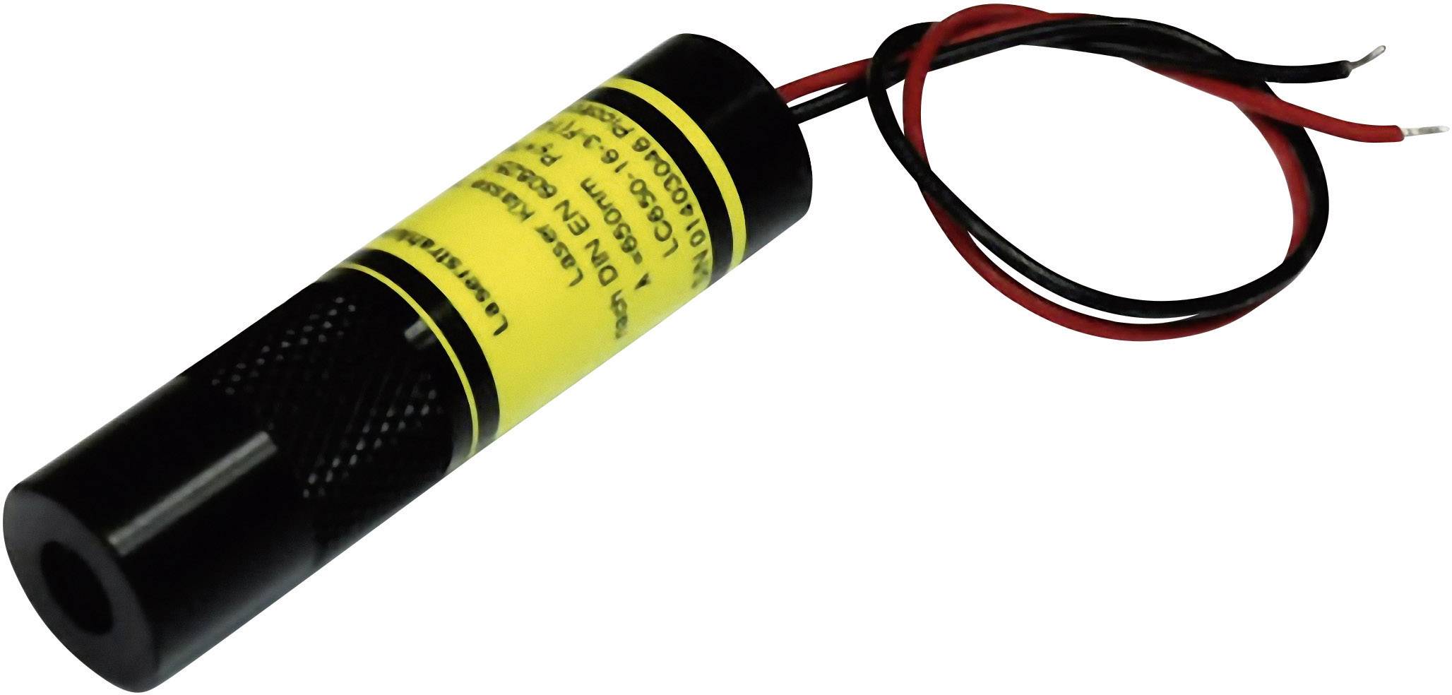 A cylindrical laser with a yellow warning sticker and red and black cables for connecting to a power source.