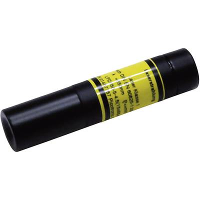 Black laser pointer with yellow warning label. Lying on a light background, viewed from the side.