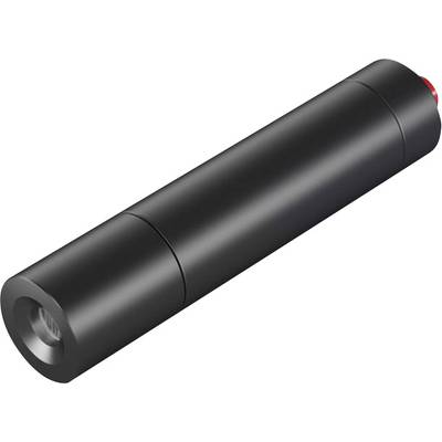 Black cylindrical laser pointer with a red button at one end, visible on a white background. Suitable for presentations.