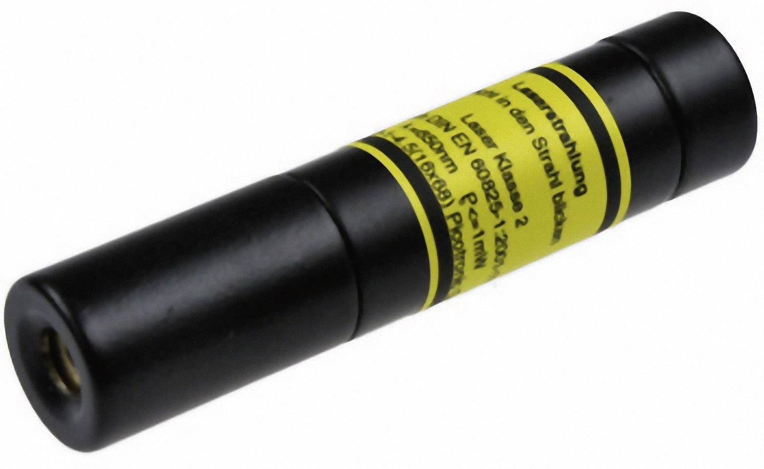 A black laser pointer with a yellow warning label. The label contains safety and classification information.