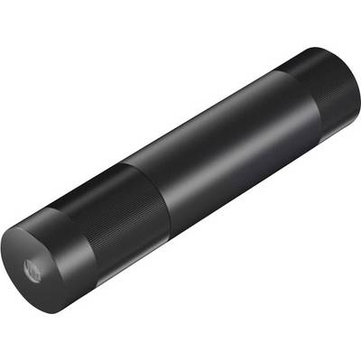 Black, cylindrical object with structured ends, possibly a technical device or tool.