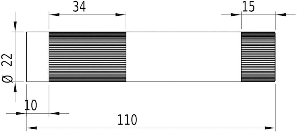Elongated technical drawing of a cylinder with overall length 110 mm, diameter 22 mm. Knurled sections: 34 mm and 15 mm.