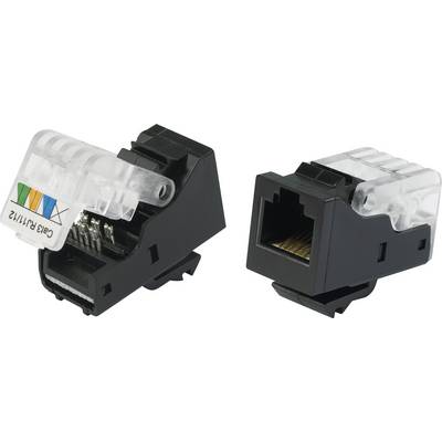 Two black RJ45 network plugs, one with an open locking mechanism and colour-coded for the cables, the other with a closed socket.