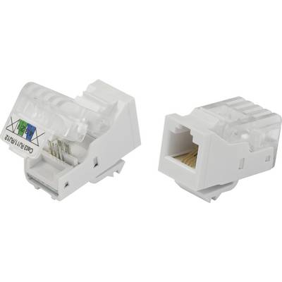 Two white Ethernet keystone jacks, one with an open cover and colour-coded cable connections, the other closed.