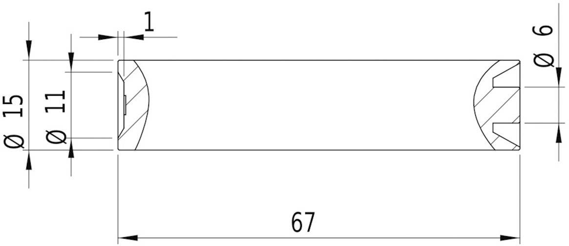 Technical drawing of a cylindrical component. Dimensions: length 67, diameter 15/11 internal, notching at the edge, height 6.