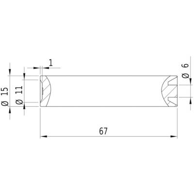 Technical drawing of a cylindrical component. Dimensions: length 67, diameter 15/11 internal, notching at the edge, height 6.