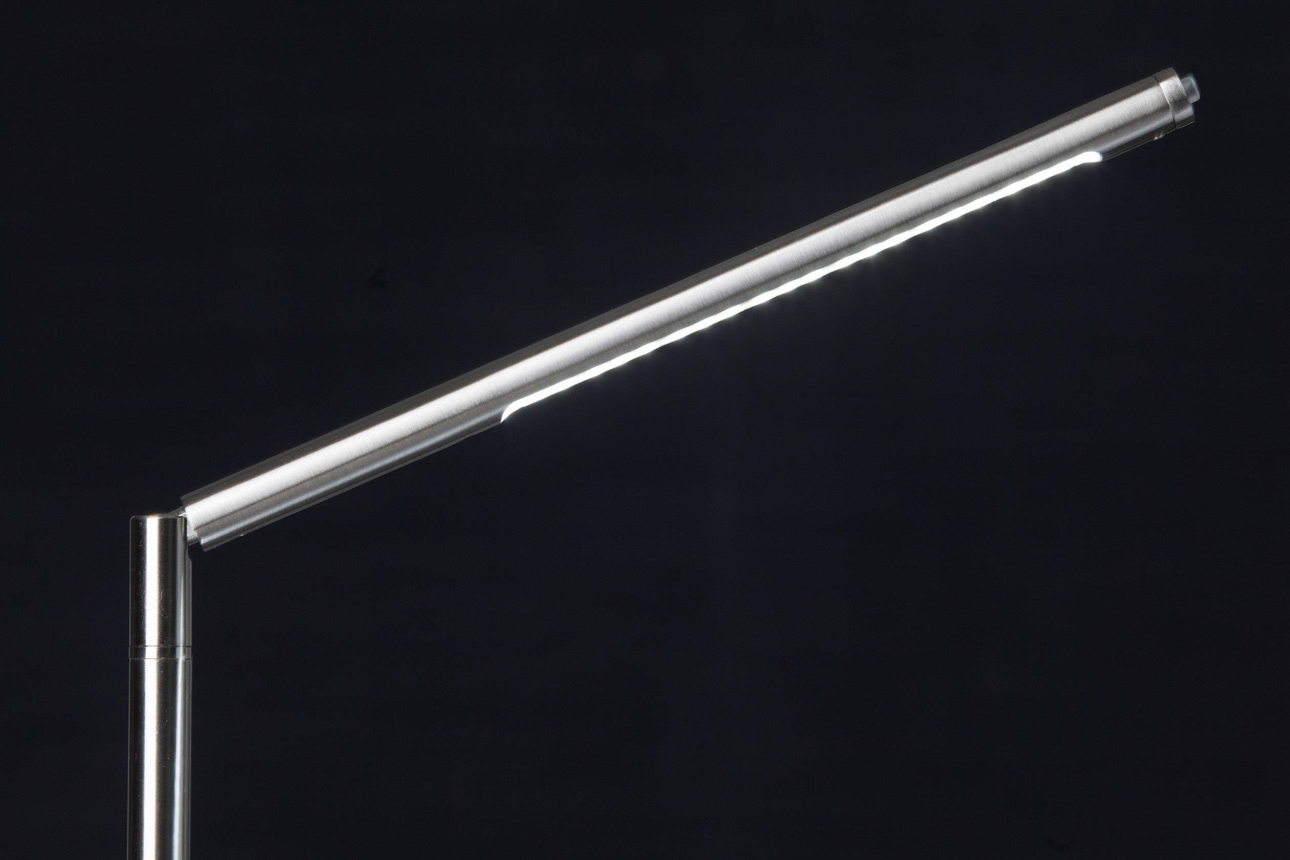 A sleek metal desk lamp with a long, adjustable arm and luminous LED lights against a dark background.