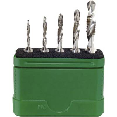 A green container with five metallic drill bits of varying sizes, standing vertically.