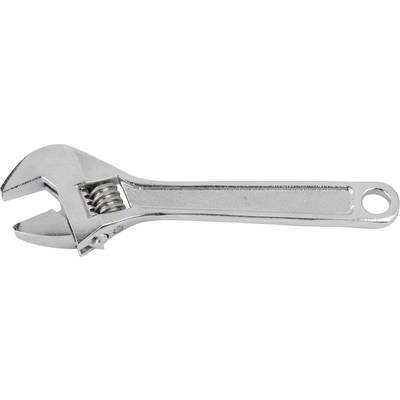 Adjustable metal spanner, open, against a white background. Tool designed to adapt to various screw sizes.