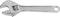 Adjustable metal spanner, open, against a white background. Tool designed to adapt to various screw sizes.