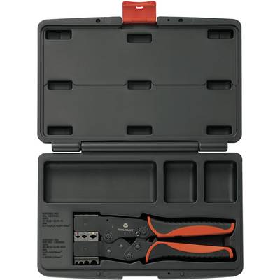 An open black toolbox with a crimping plier and three empty compartments.