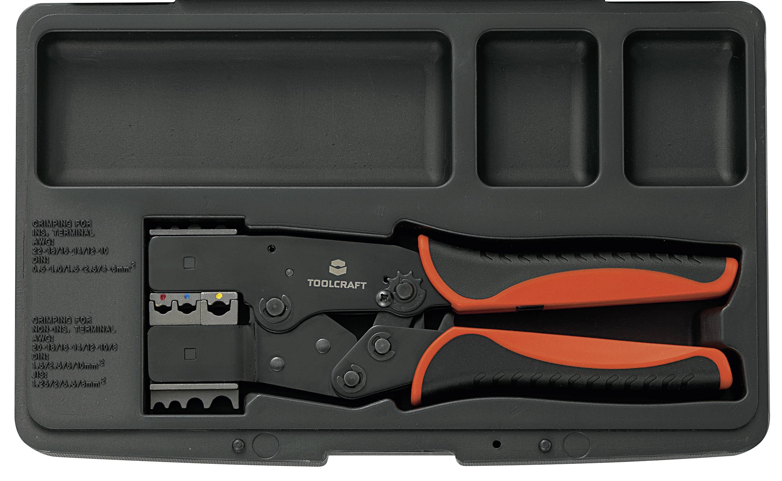 Crimping pliers in a black plastic box with storage compartments. Suitable for electrical connections.