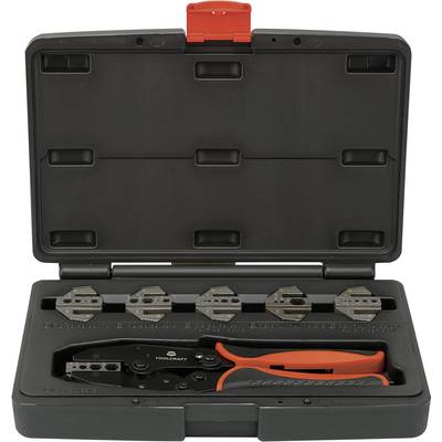 A crimping pliers set in an opened black case with five interchangeable inserts and a pair of pliers with an orange handle.
