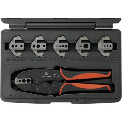 A tool set comprising a crimping plier and five interchangeable inserts in an open black plastic case.