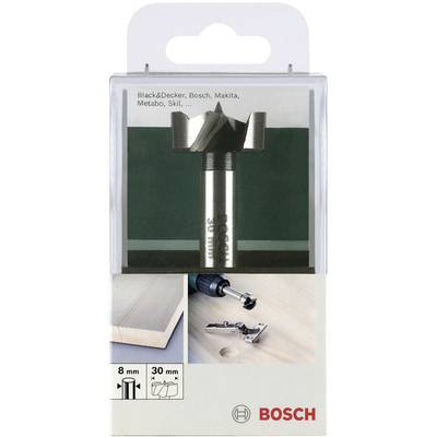 Bosch wood drill bit in packaging. Suitable for various brands. Image shows application and dimensions: 8 mm diameter, 30 mm depth.