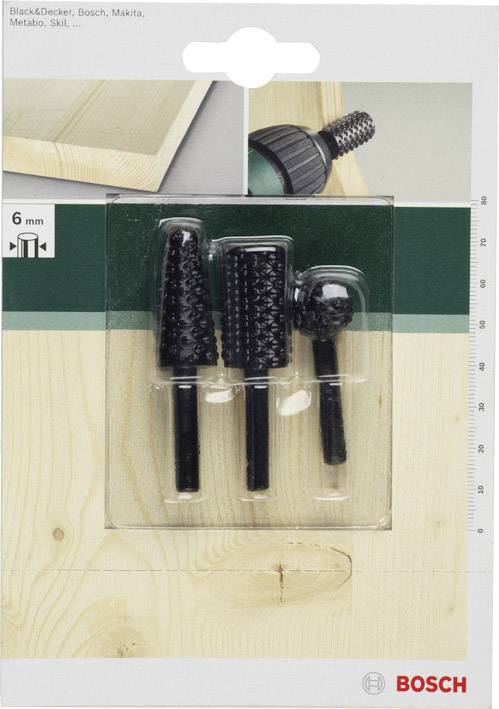 Set of three black milling cutters with different shapes in a transparent packaging. Labelling on top shows compatible brands.