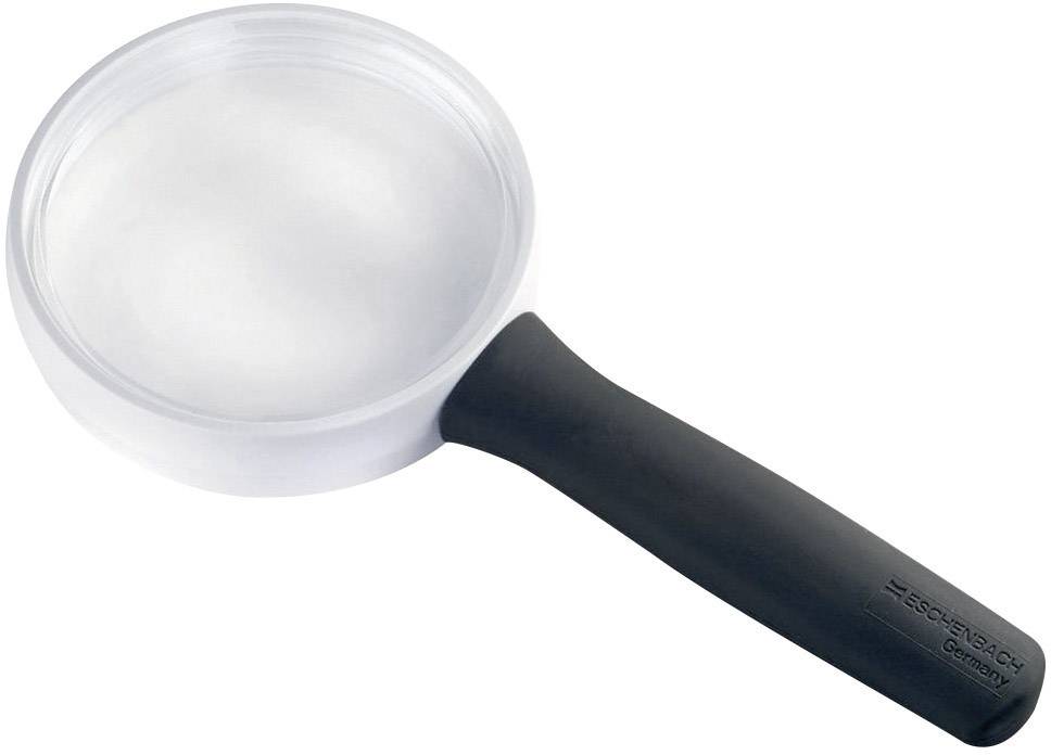 A black magnifying glass with a transparent rim and an engraved company logo on the handle, set against a white background.