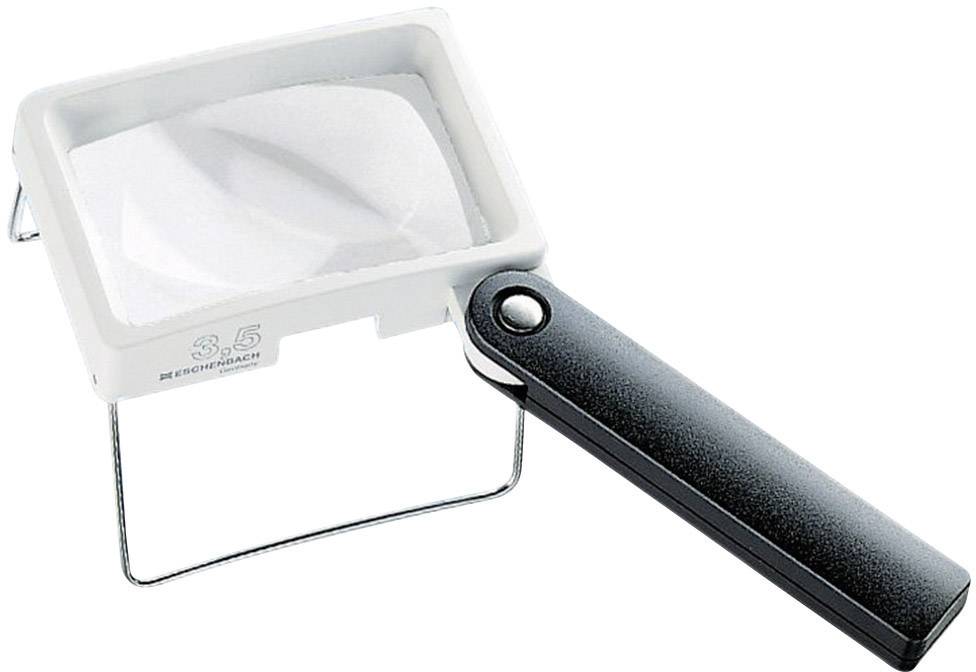 A rectangular magnifying glass with a foldable black handle and a magnifying lens, standing on a metal stand.