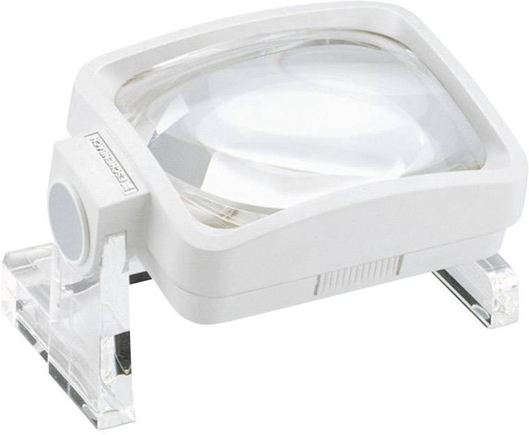 Small rectangular reading magnifier with white frame and transparent supporting feet, suitable for magnifying texts or small objects.