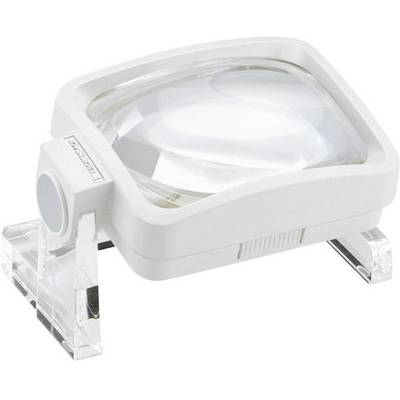 Small rectangular reading magnifier with white frame and transparent supporting feet, suitable for magnifying texts or small objects.