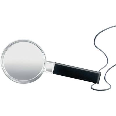 Magnifying glass with a black handle and lanyard, enlarges objects for improved visibility. Ideal for details and small text.