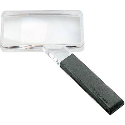 Rectangular magnifying glass with a black handle, suitable for enlarging text or small objects.