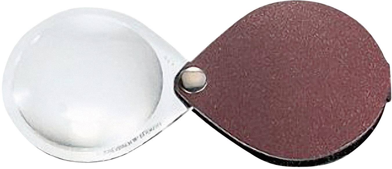 A foldable magnifying glass with a russet-brown casing, featuring a lens for magnifying text or small objects.